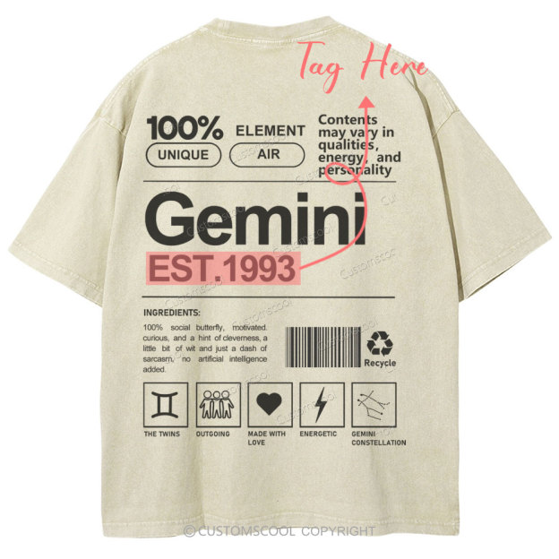 Gemini Addcustom Unisex Fit Washed T-Shirt Customscool