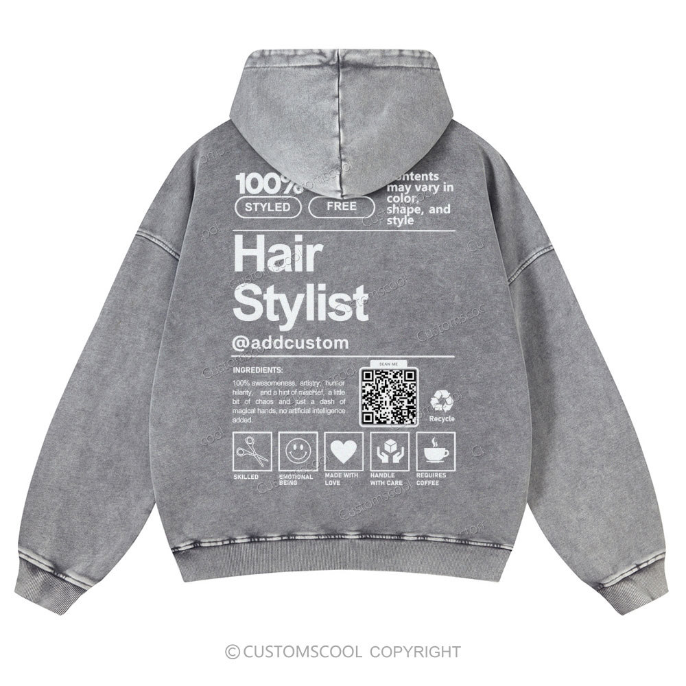 Hair Stylist Addcustom QR Code Casual Washed Hoodie Customscool