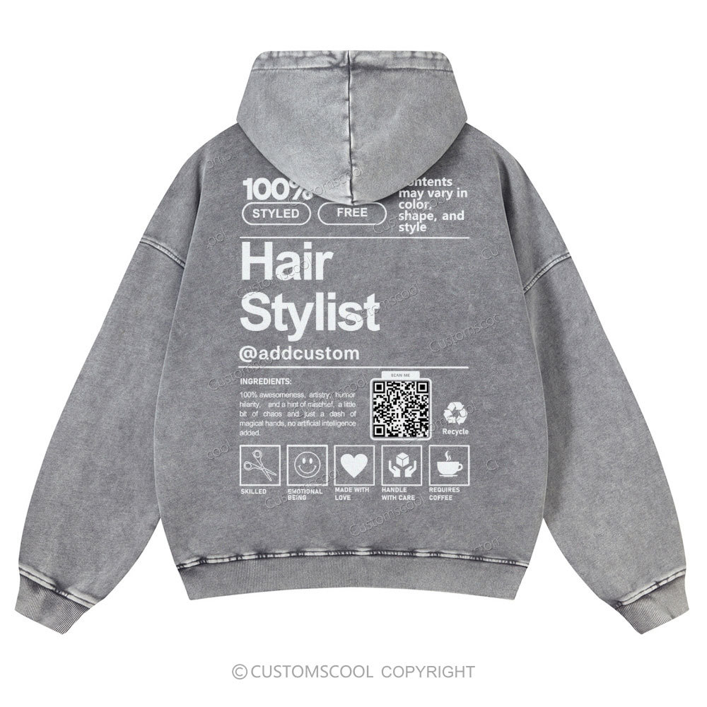 Hair Stylist Addcustom QR Code Casual Washed Hoodie Customscool