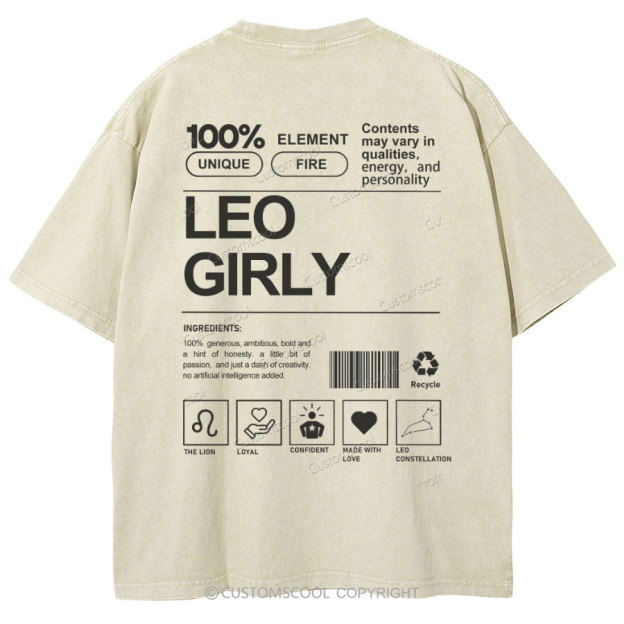 Leo Girly Unisex Fit Washed Oversized T-Shirt Customscool