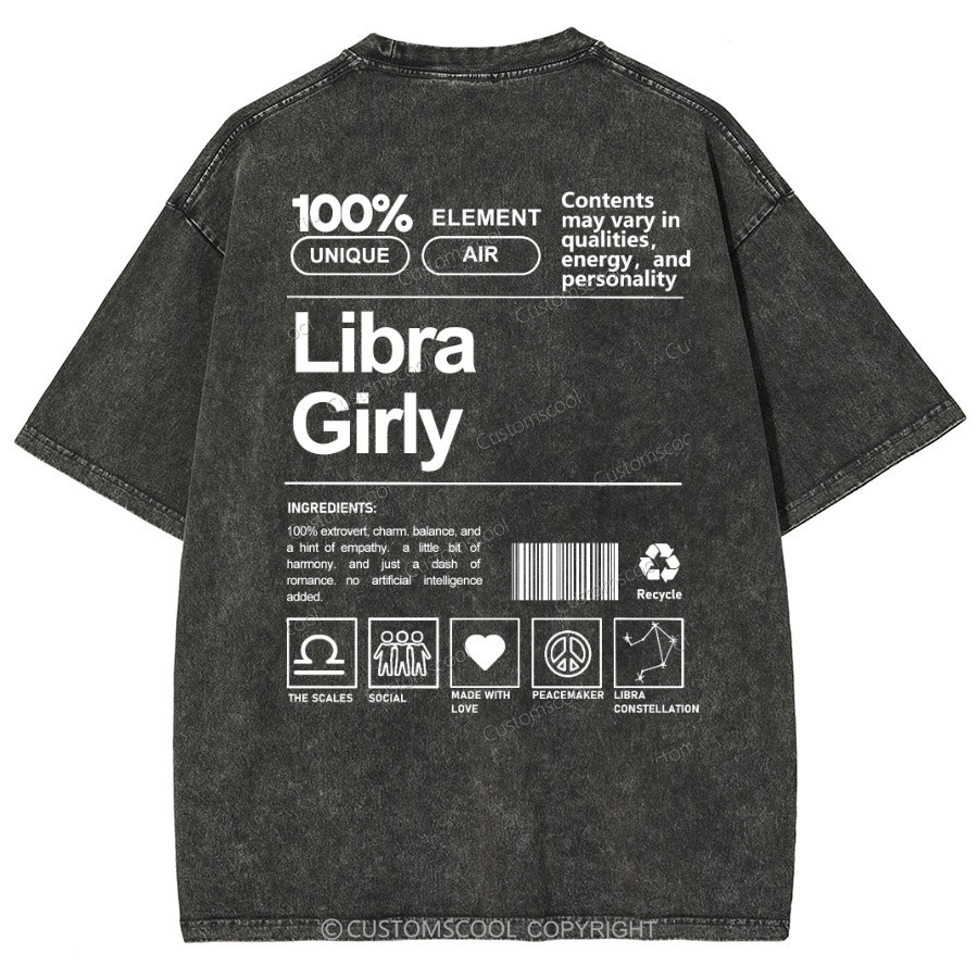 Libra Girly Unisex Fit Washed Oversized T-Shirt Customscool
