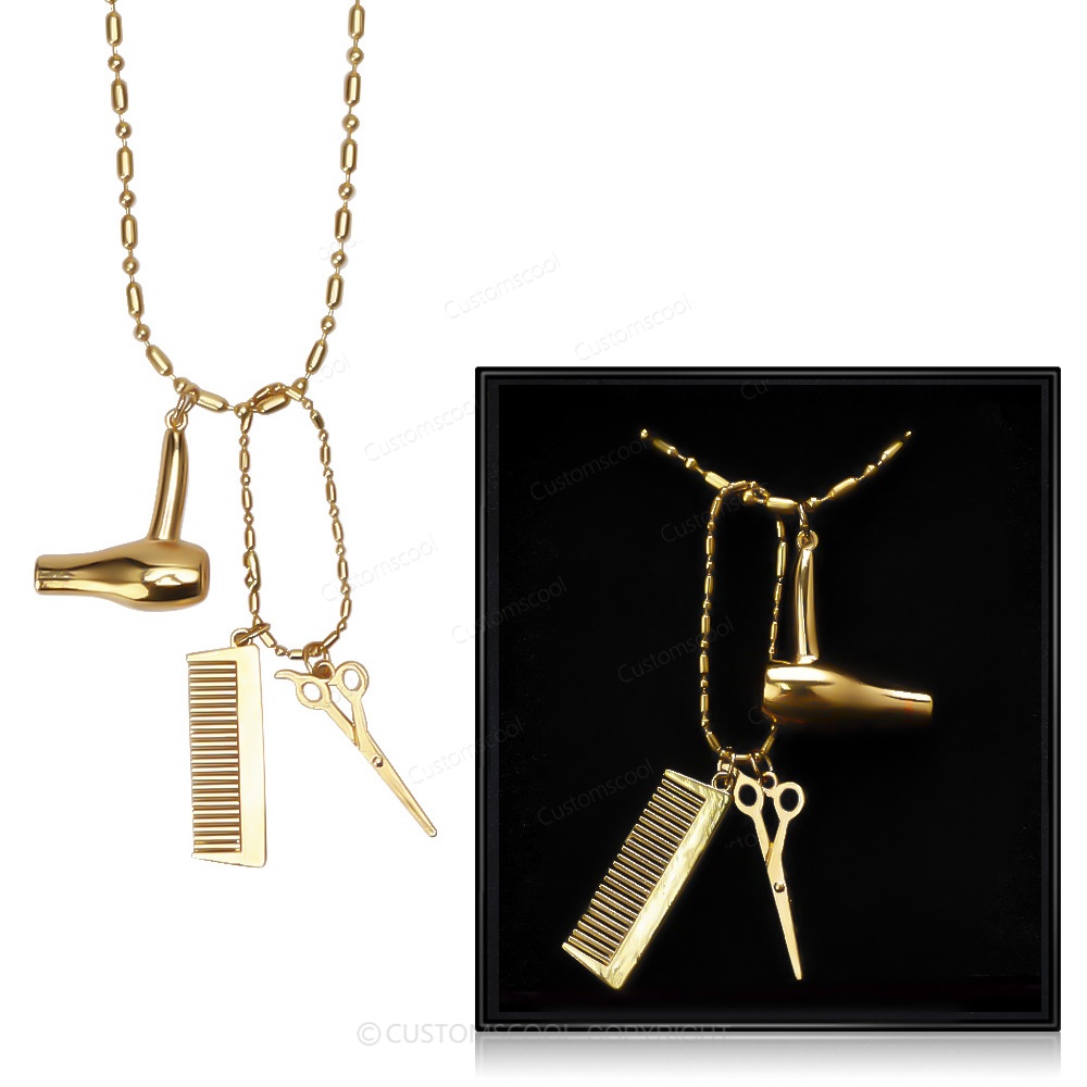 Barber shop rotating light razor razor hair salon seat hair dryer scissors necklace and Scissors comb brooch Customscool