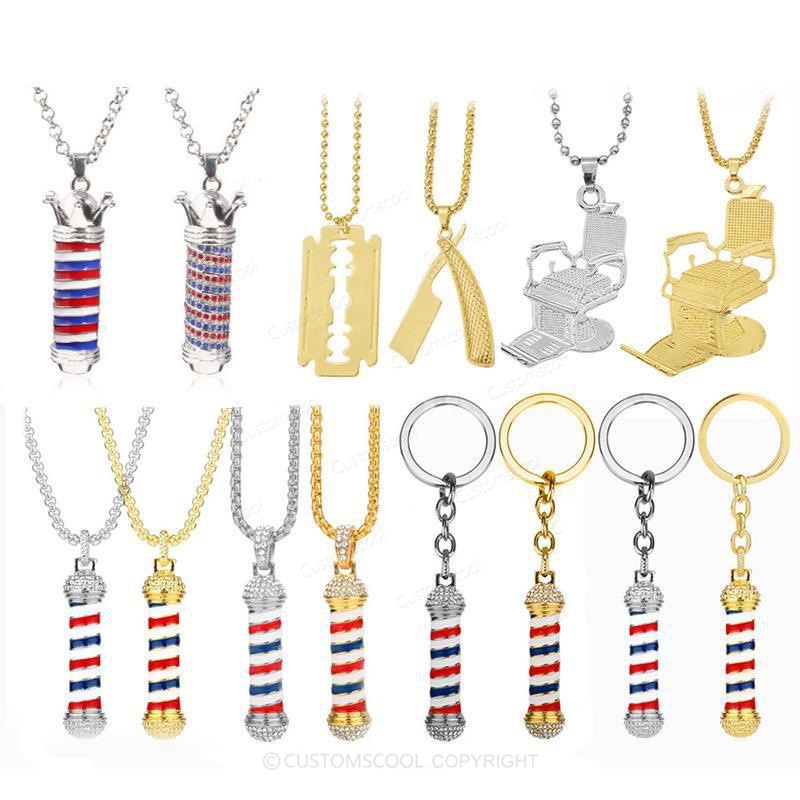 Barber shop rotating light razor razor hair salon seat hair dryer scissors necklace and Scissors comb brooch Customscool