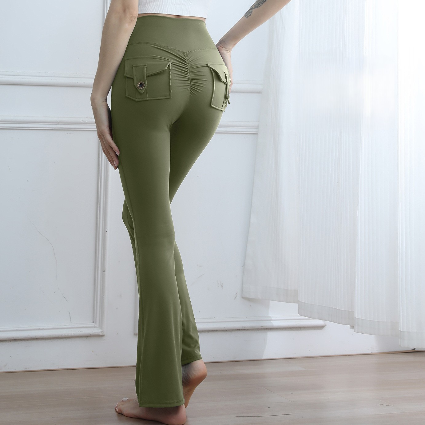 ‌High-Waisted Cargo Pocket Stretch Flared Legging Customscool