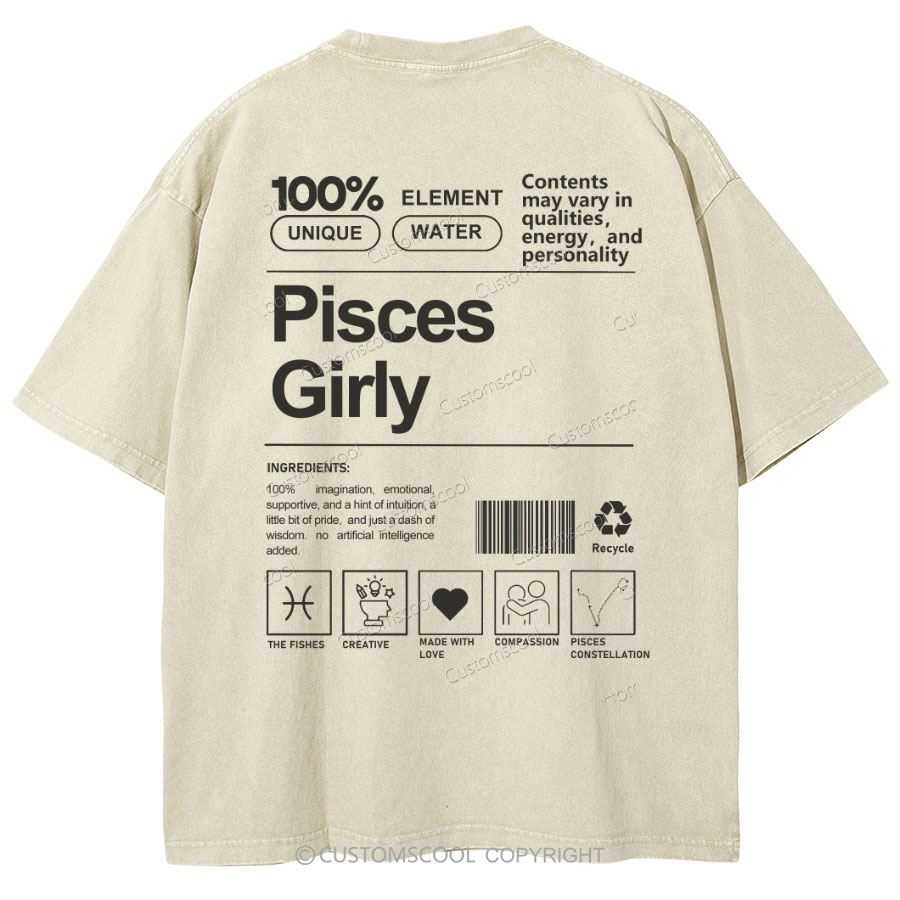Pisces Girly Unisex Fit Washed Oversized T-Shirt Customscool