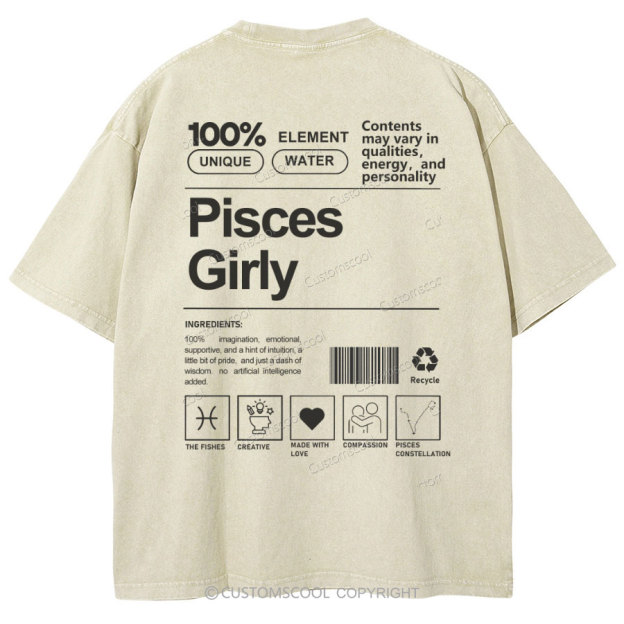Pisces Girly Unisex Fit Washed Oversized T-Shirt Customscool