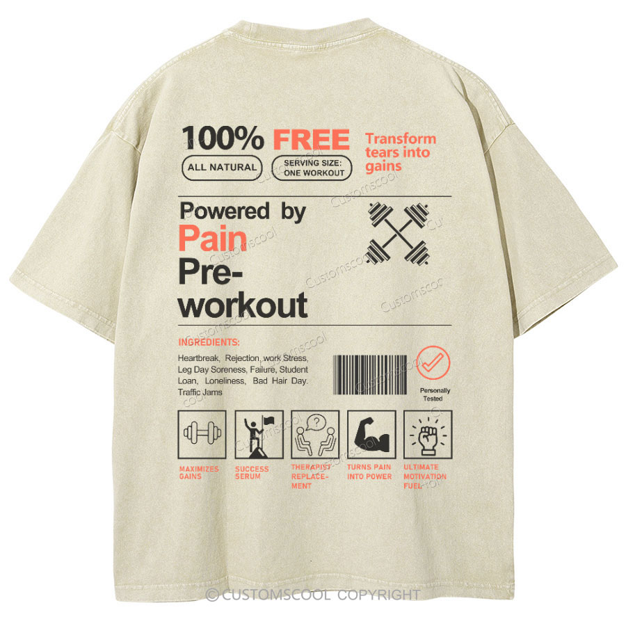 Powered by PainPre-workout Unisex Printed Retro Washed Short Sleeved T-Shirt Customscool