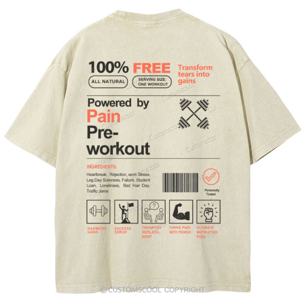 Powered by PainPre-workout Unisex Printed Retro Washed Short Sleeved T-Shirt Customscool