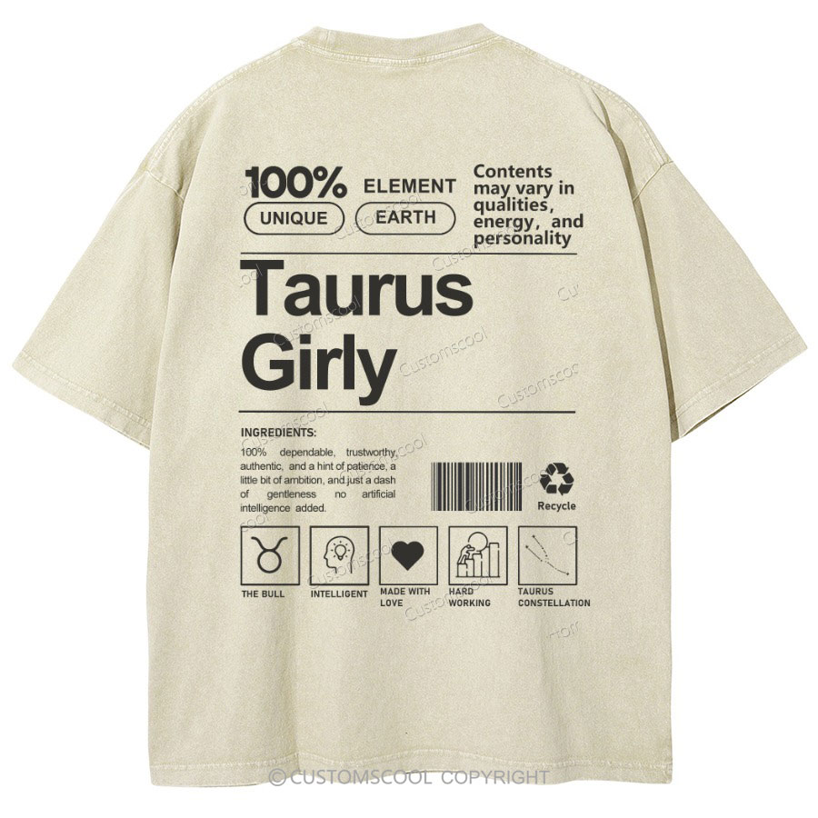 Taurus Girly Unisex Fit Washed T-Shirt Customscool