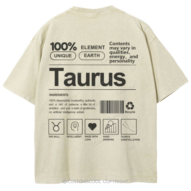 Taurus Unisex Fit Washed T-Shirt Customscool
