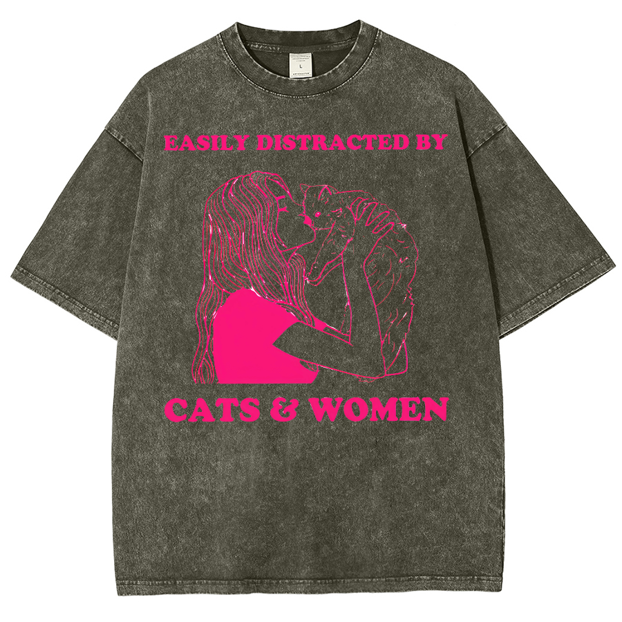 Easily Distracted By Cats & Women Unisex Fit Washed Oversized T-Shirt
