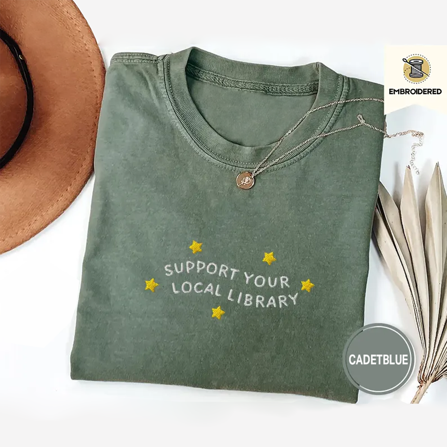 Support Your Local Library Embroidered Unisex Fit Washed T-Shirt