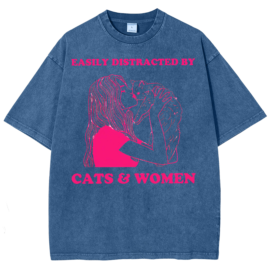 Easily Distracted By Cats & Women Unisex Fit Washed Oversized T-Shirt