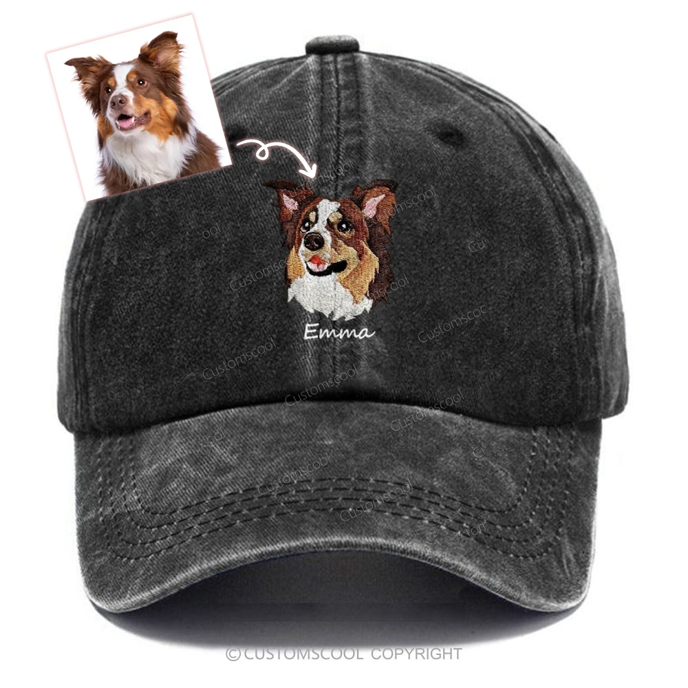 Addcustom Embroidery Dog Face and Name Unisex Vintage Casual Washed Cap