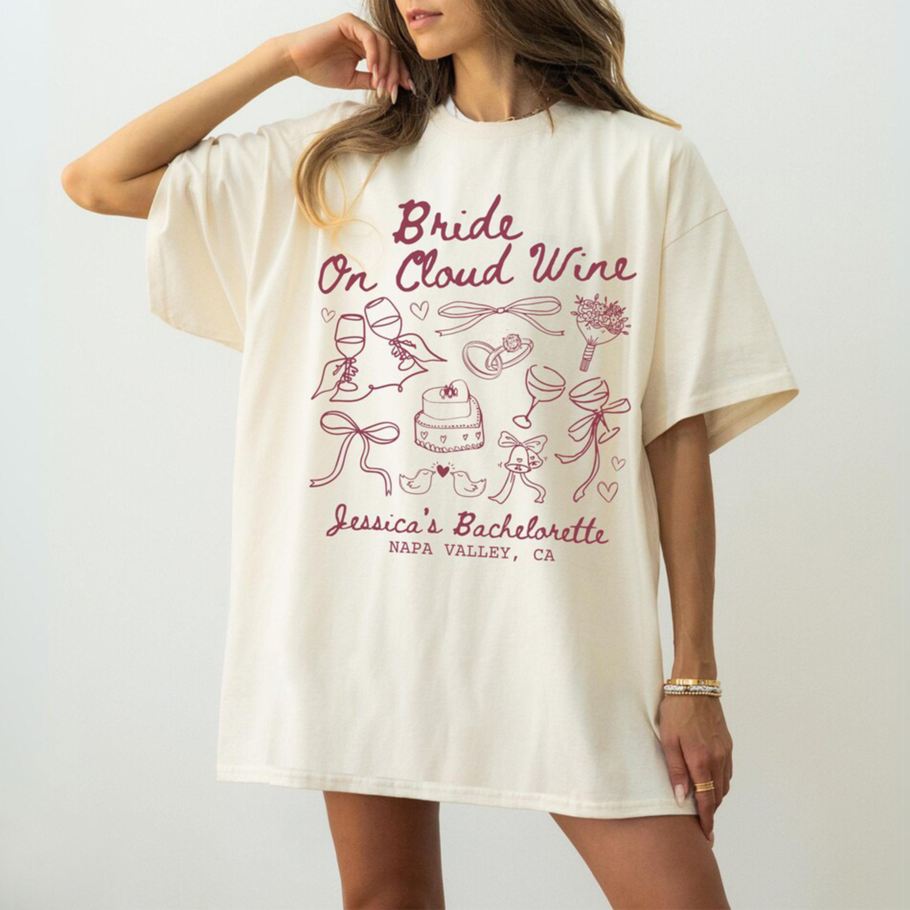 Bride On Cloud Wine Bachelorette Party Custom Unisex Fit Washed T-Shirt Customsool