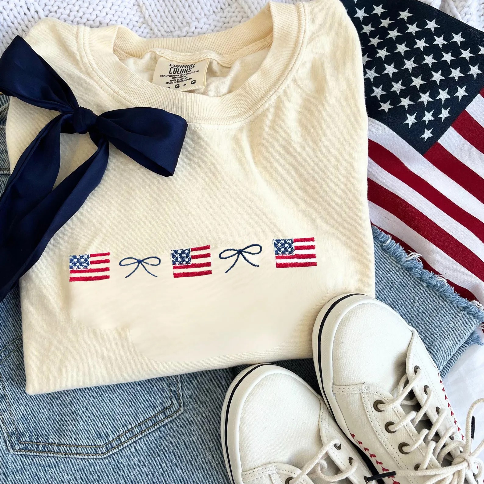 American Flag and Dainty Bow Embroidered Unisex Fit Washed T-Shirt