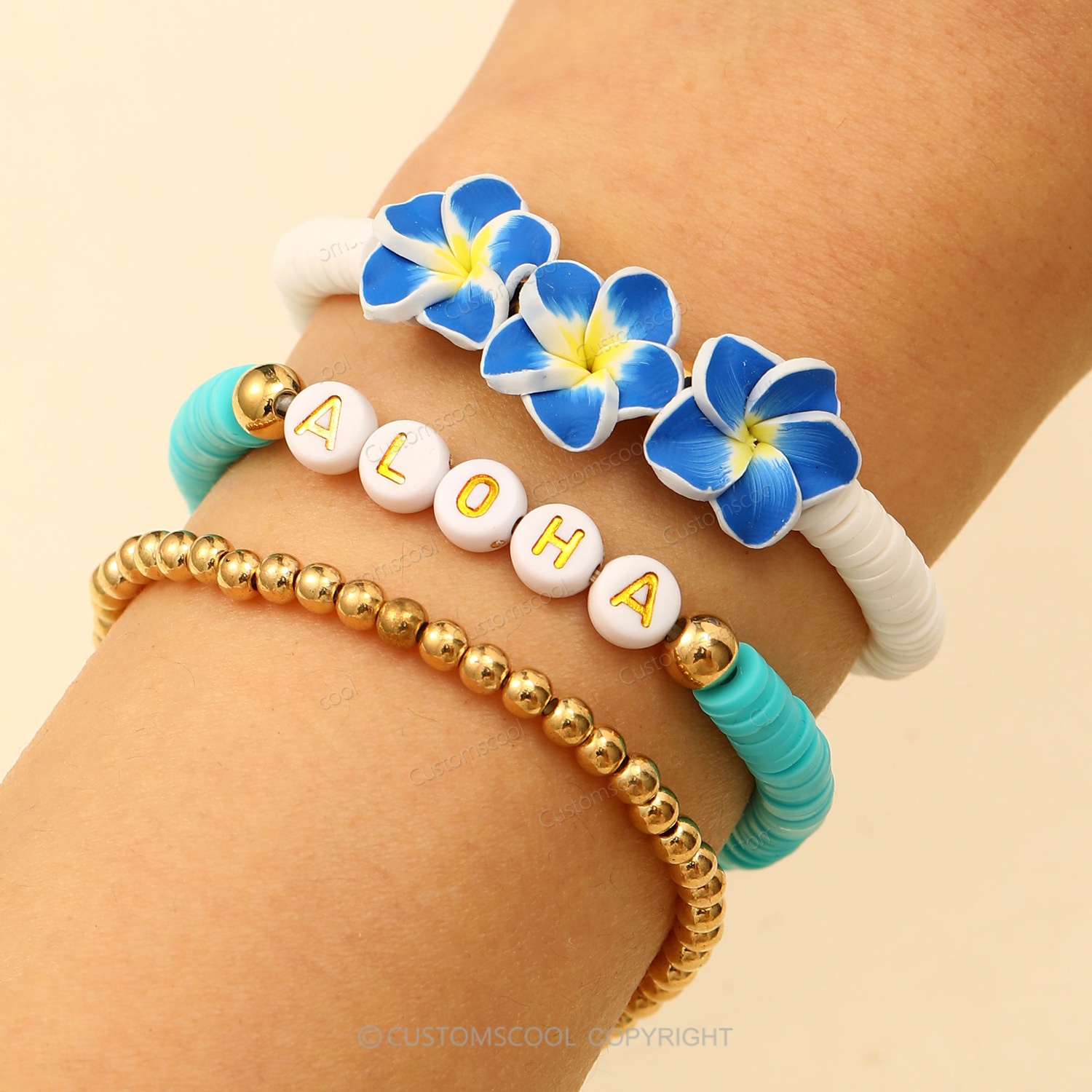 Plumeria Starfish Flowers Alphabet Multi-Layer Stackable Bracelet