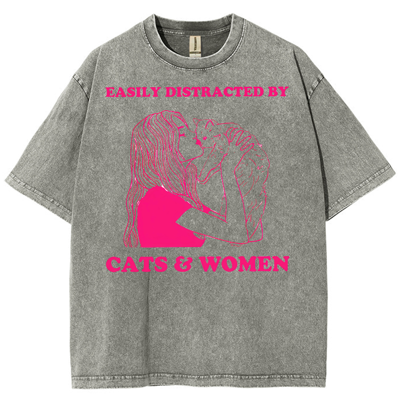 Easily Distracted By Cats & Women Unisex Fit Washed Oversized T-Shirt