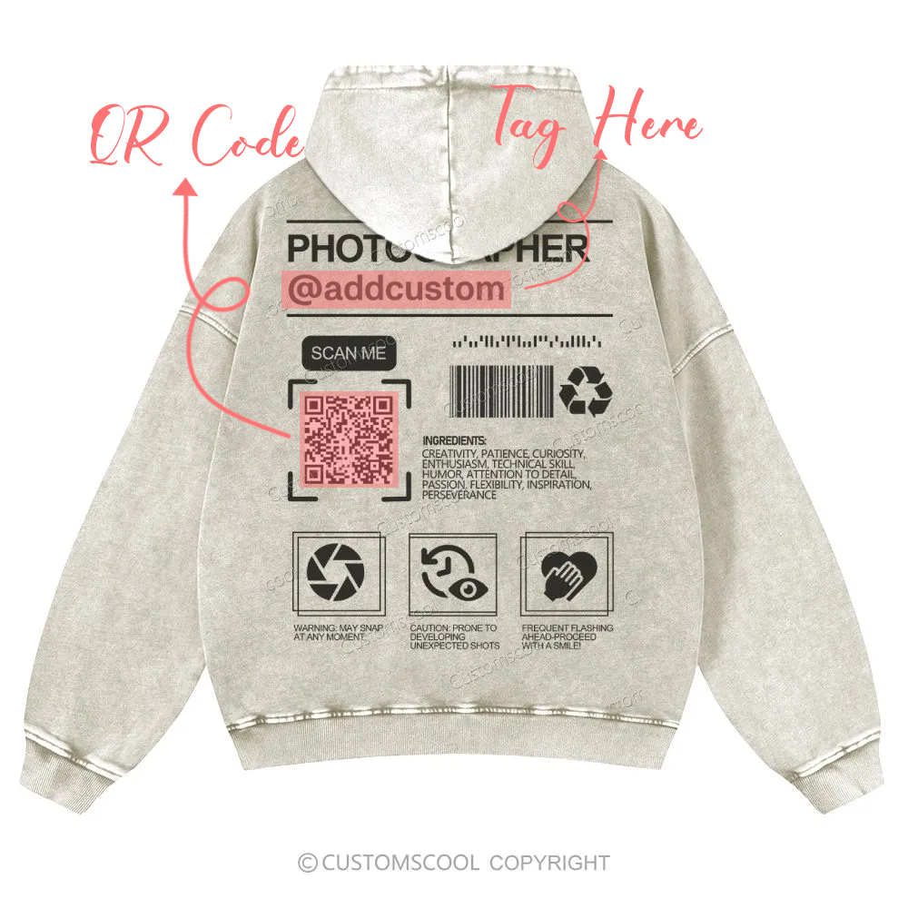 Photographer Addcustom QR Code Name Casual Washed Hoodie Customscool