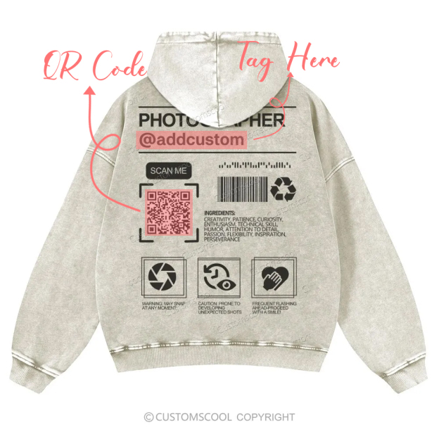 Photographer Addcustom QR Code Name Casual Washed Hoodie Customscool