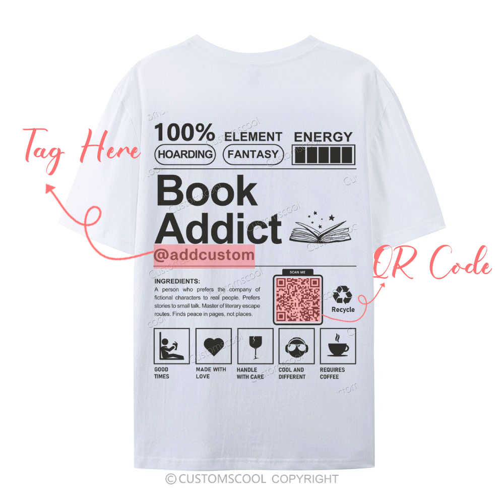 Book Addict Addcustom QR Code Casual Short Sleeve T-Shirt Customscool