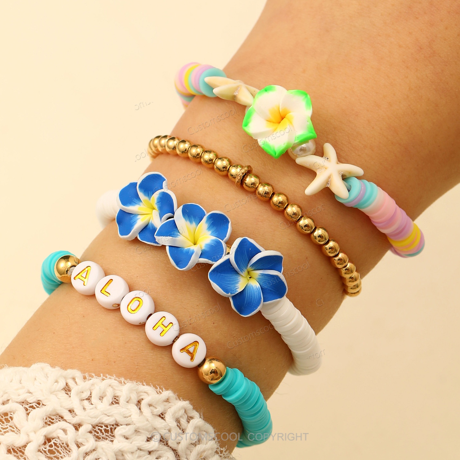 Plumeria Starfish Flowers Alphabet Multi-Layer Stackable Bracelet