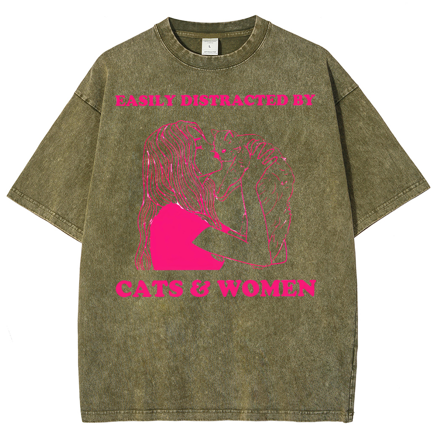 Easily Distracted By Cats & Women Unisex Fit Washed Oversized T-Shirt