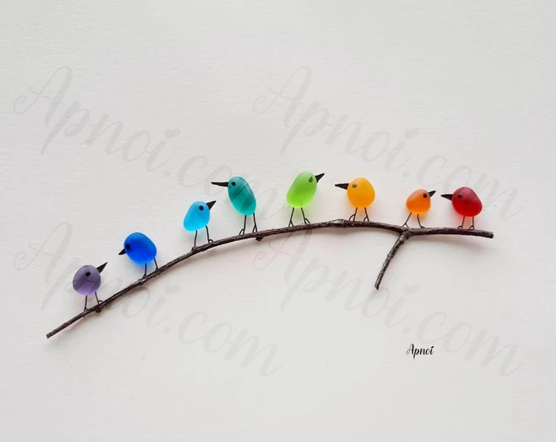 Sea Glass Rainbow Birds - Sea Glass Art- Sea Glass & Driftwood Picture