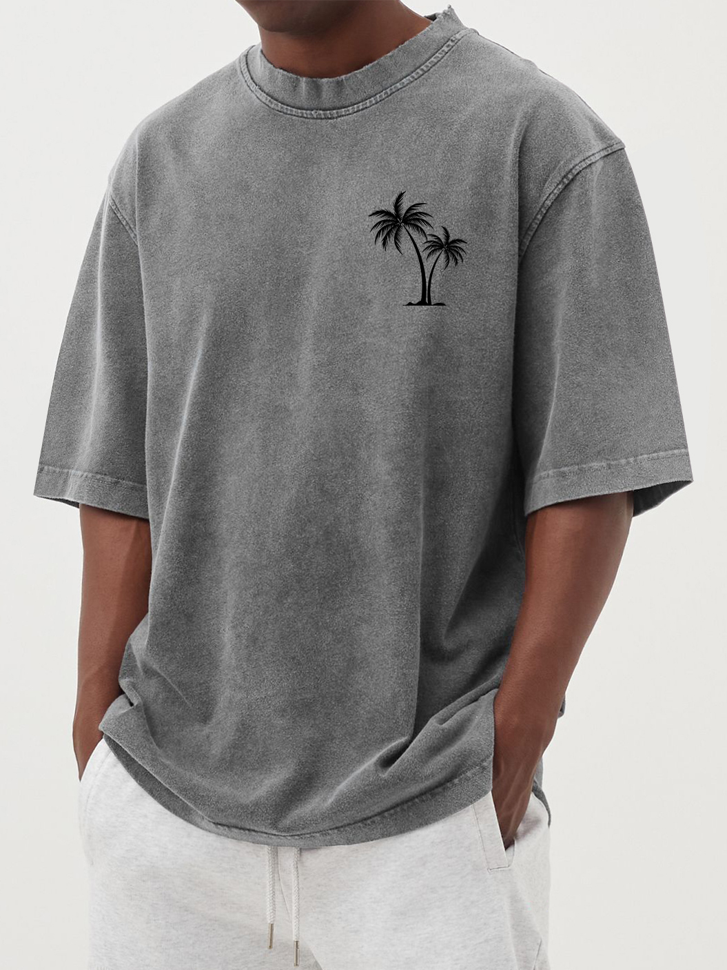 Men's Vintage Washed Palm Tree Print Short Sleeved Round Neck T-shirt