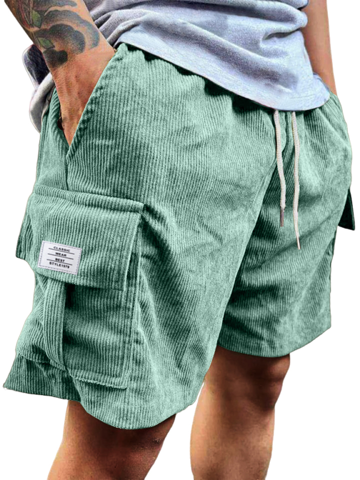 Men's Stylish Multi-pocket Vintage Corduroy Logo Embroidered Simple Casual Loose Shorts