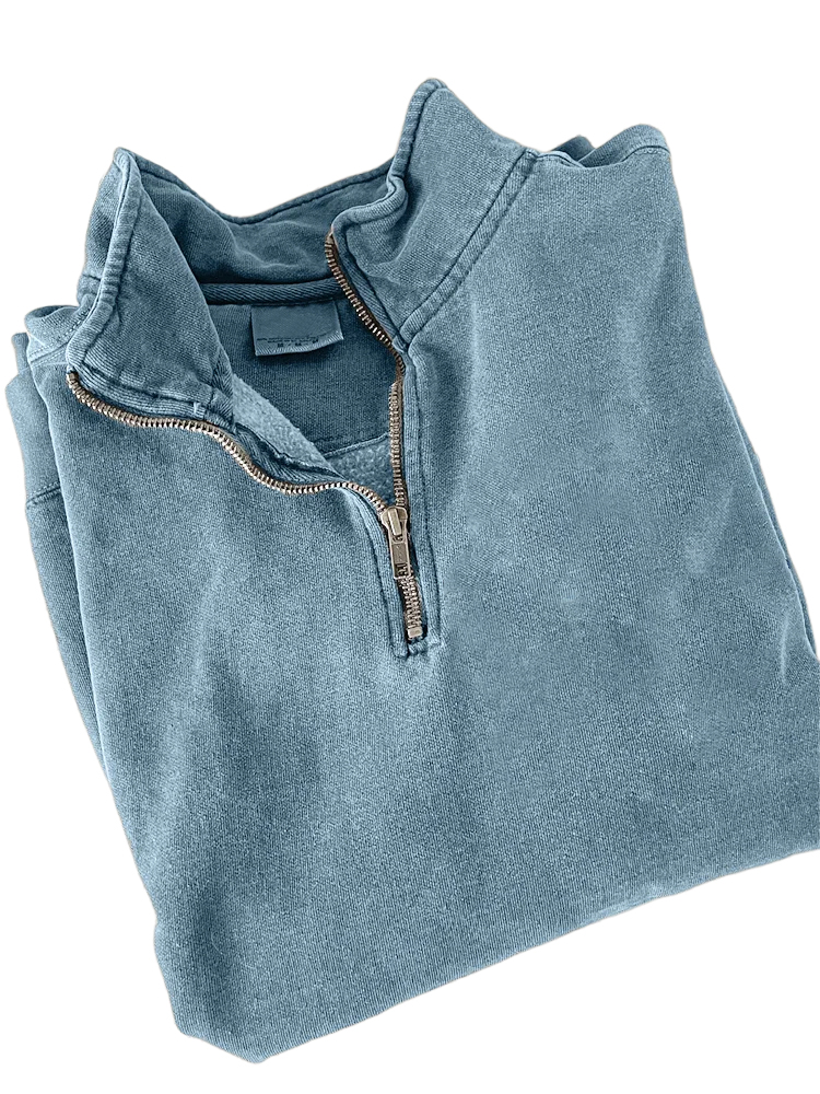 Men's Quarter Zip Distressed Washed Cotton Zipper Long Sleeve Sweatshi