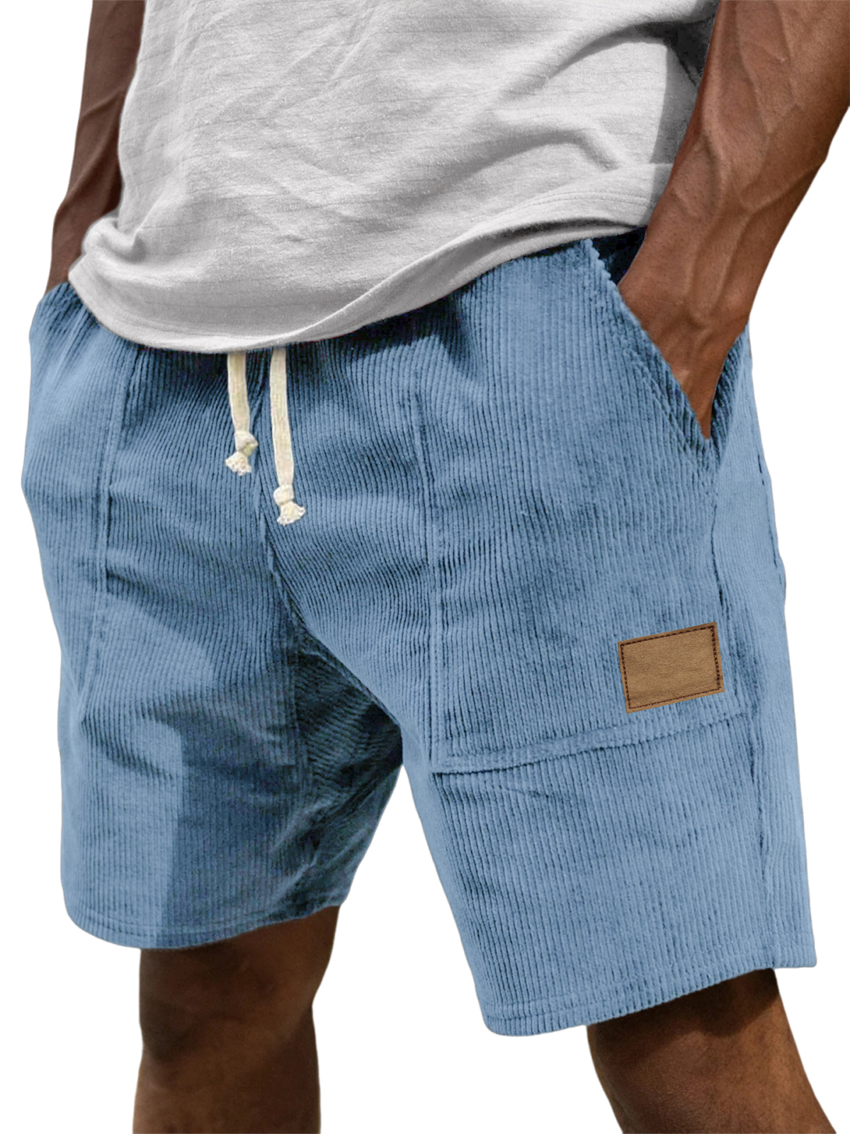 Men's Stylish Corduroy Simple Embroidered Label Flat Seam Pocket Lace-up Versatile Shorts