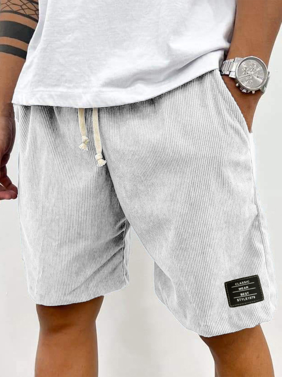 Men's Stylish Corduroy Simple Embroidered Label Holiday Casual Shorts