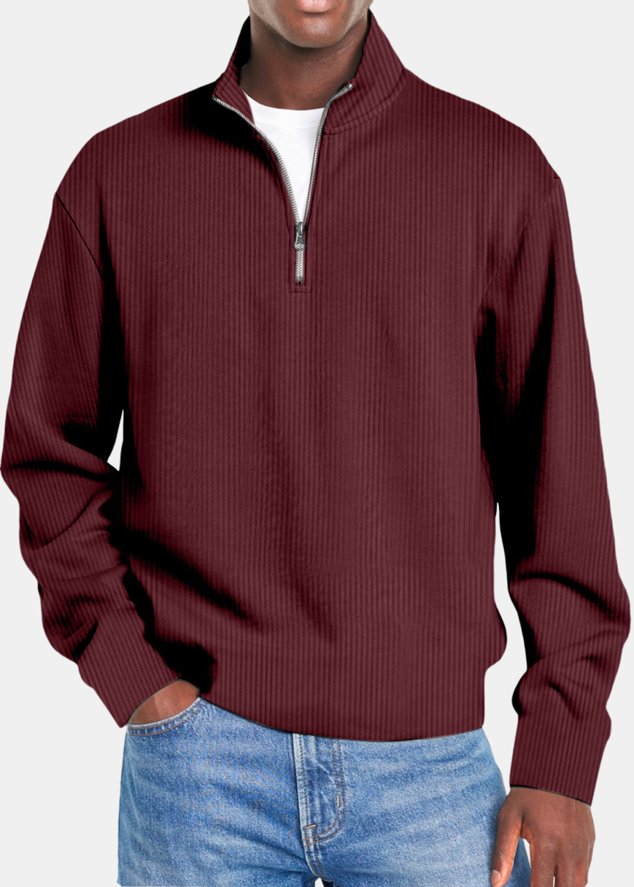 Men's Simple Vertical Strip Comfortable Zipper Long-sleeved Polo Shirt