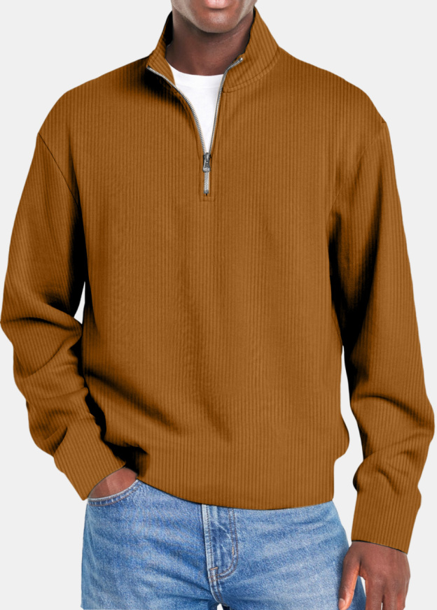 Men's Simple Vertical Strip Comfortable Zipper Long-sleeved Polo Shirt