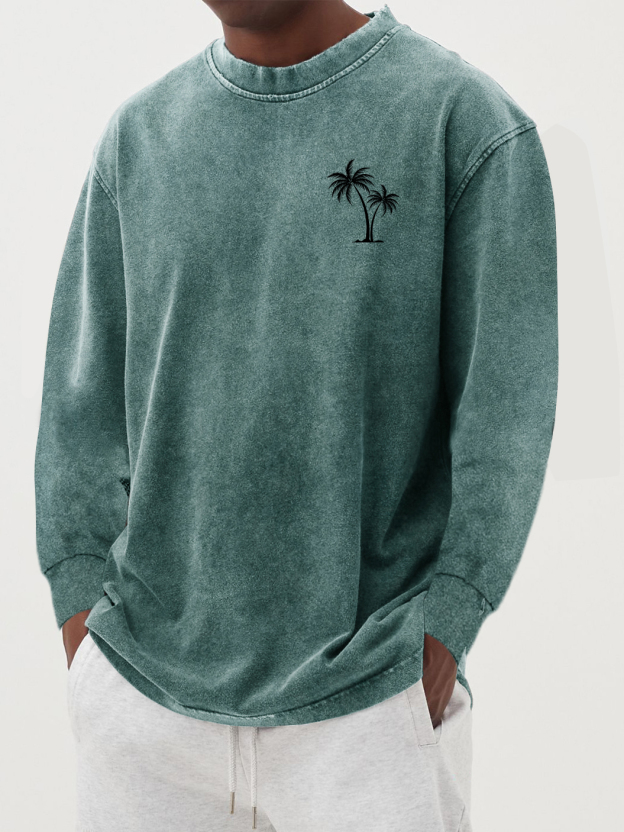 Men's 100% Cotton Vintage Washed Distressed Palm Tree Long-sleeved T-shirt