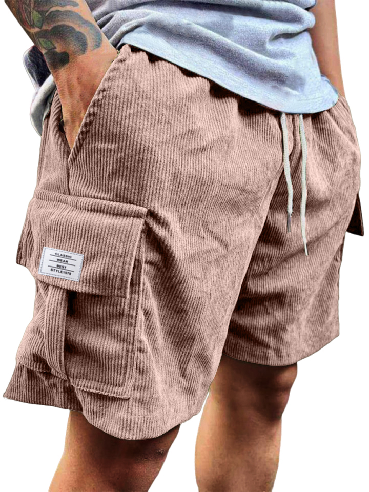 Men's Stylish Multi-pocket Vintage Corduroy Logo Embroidered Simple Casual Loose Shorts