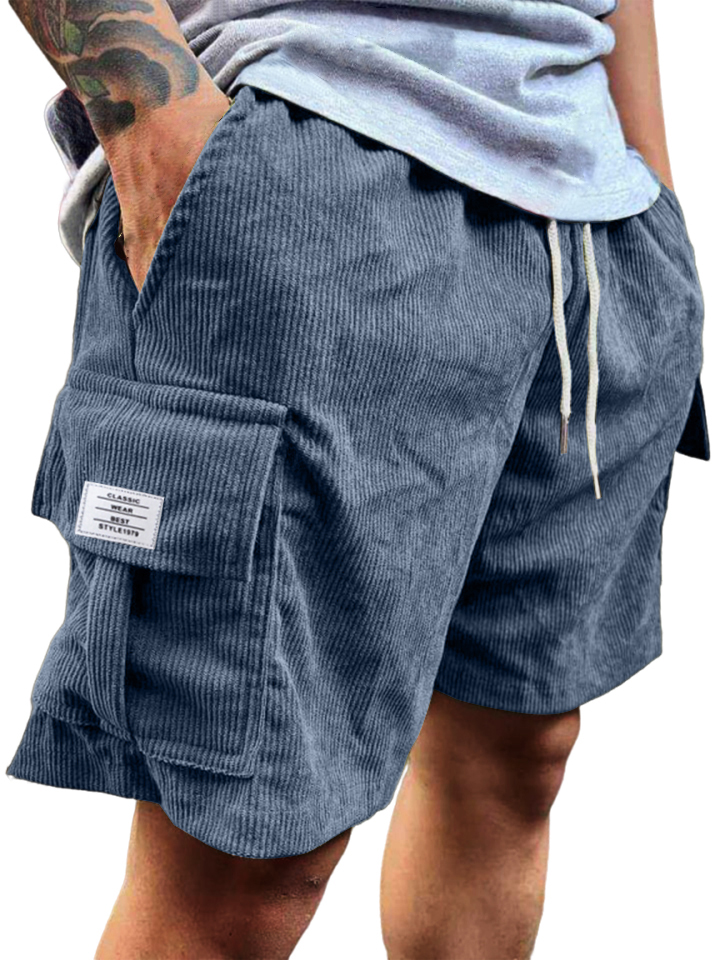 Men's Stylish Multi-pocket Vintage Corduroy Logo Embroidered Simple Casual Loose Shorts