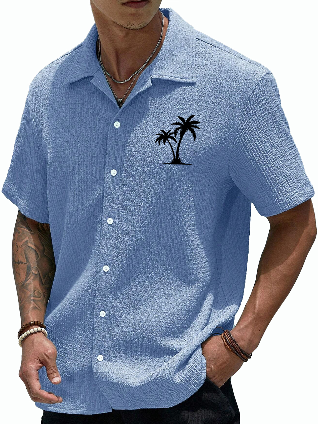 Men's Hawaiian Pleated Coconut Print Short Sleeve Shirt