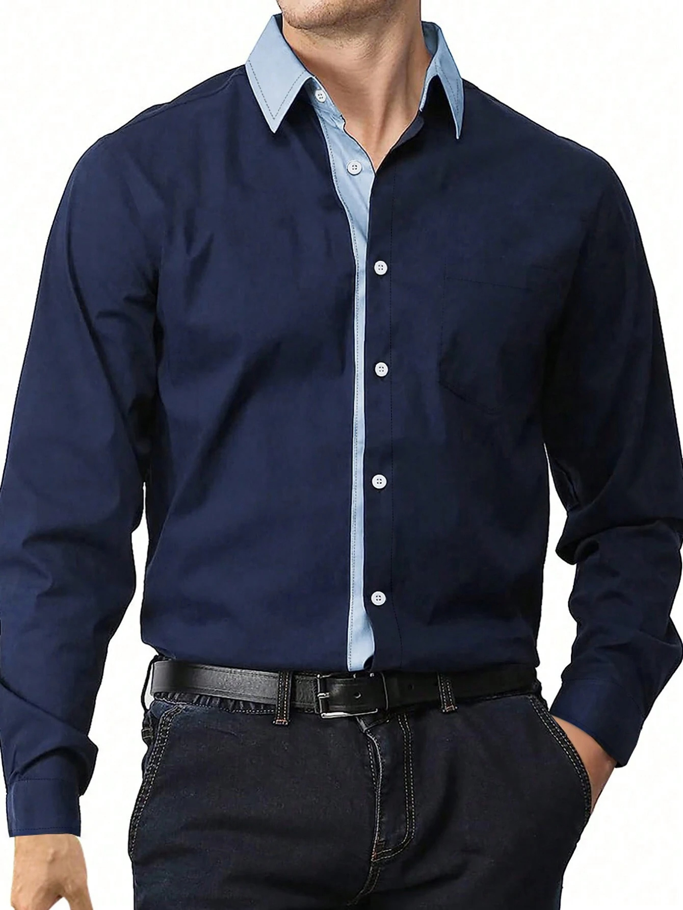 Men's Fashion Patchwork Long Sleeve Pocket Shirt