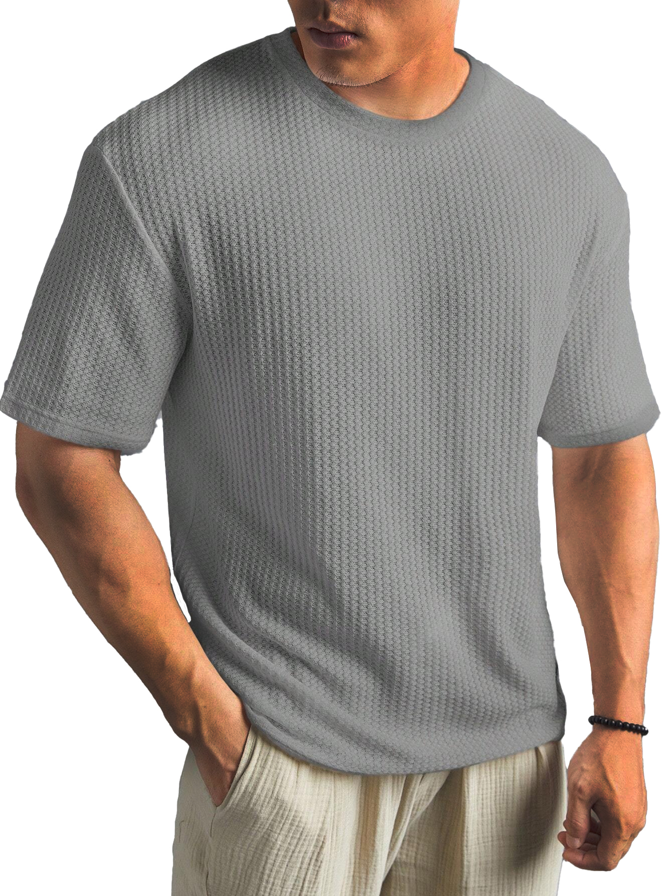 Fashionable Waffle Fabric Round Neck Short-sleeved Bottoming T-shirt
