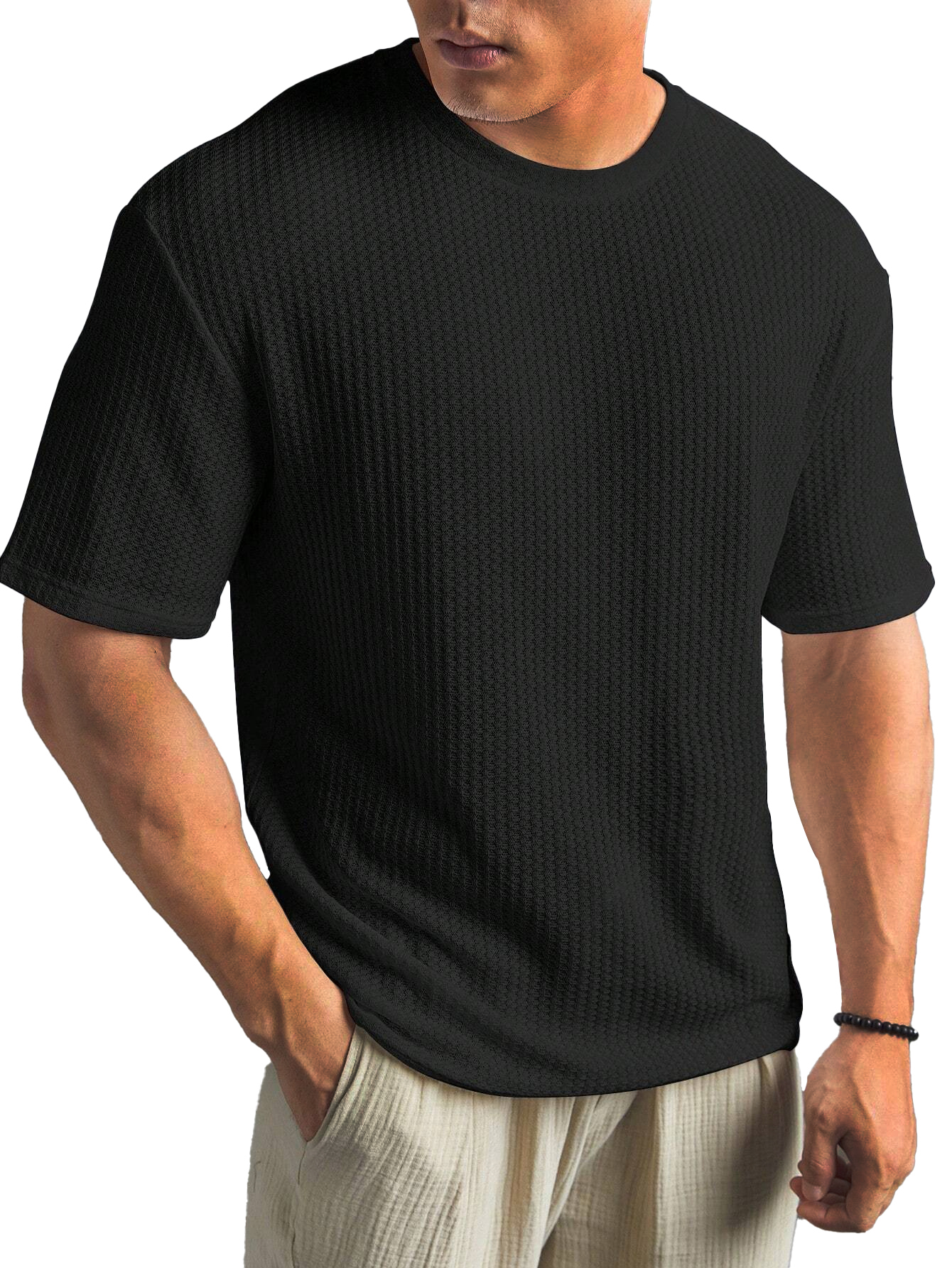Fashionable Waffle Fabric Round Neck Short-sleeved Bottoming T-shirt