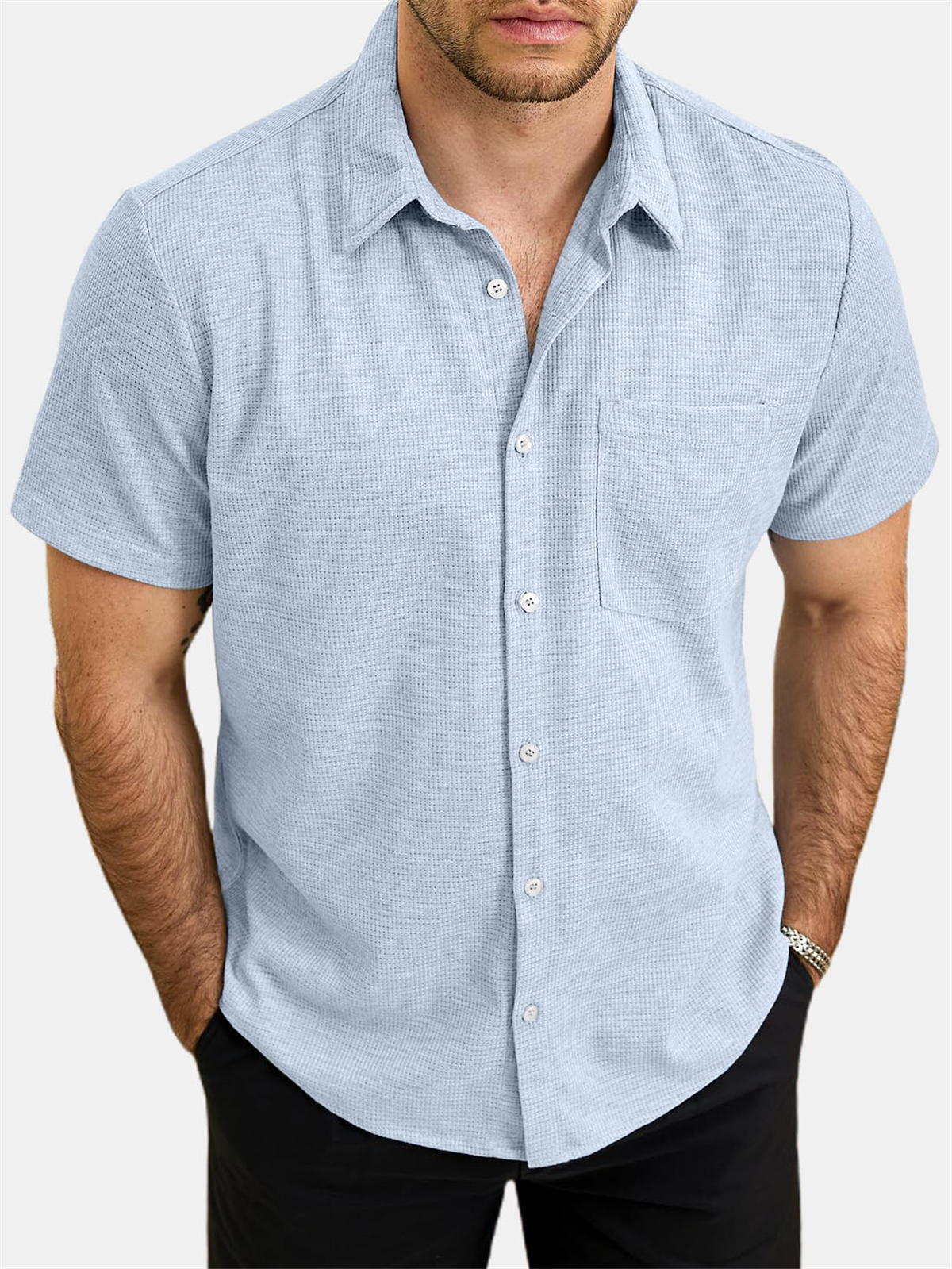 Men's Waffle Pocket Casual Short Sleeve Shirt