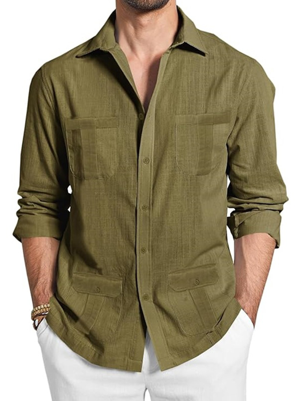 Men's cotton and linen four-pocket buttoned long-sleeve shirt