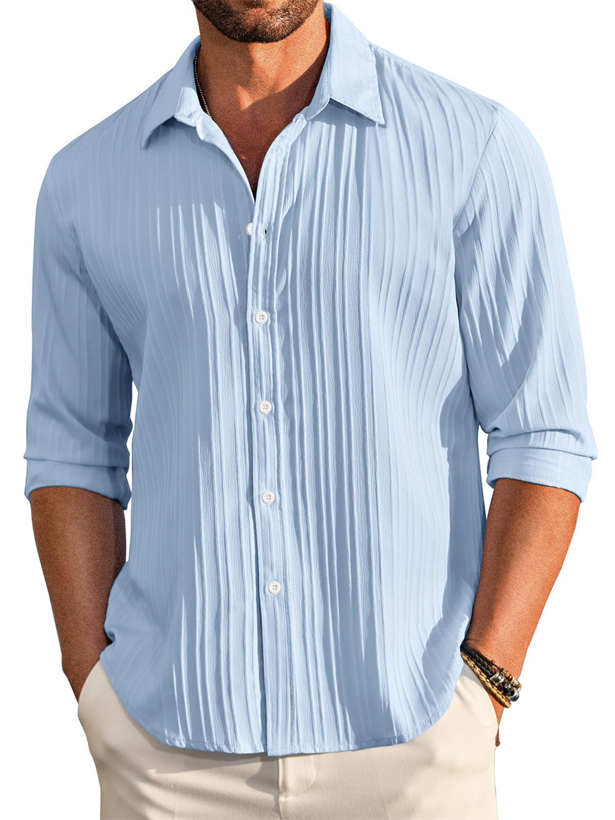 Men's Casual Comfortable Loose Textured Long Sleeve Shirt
