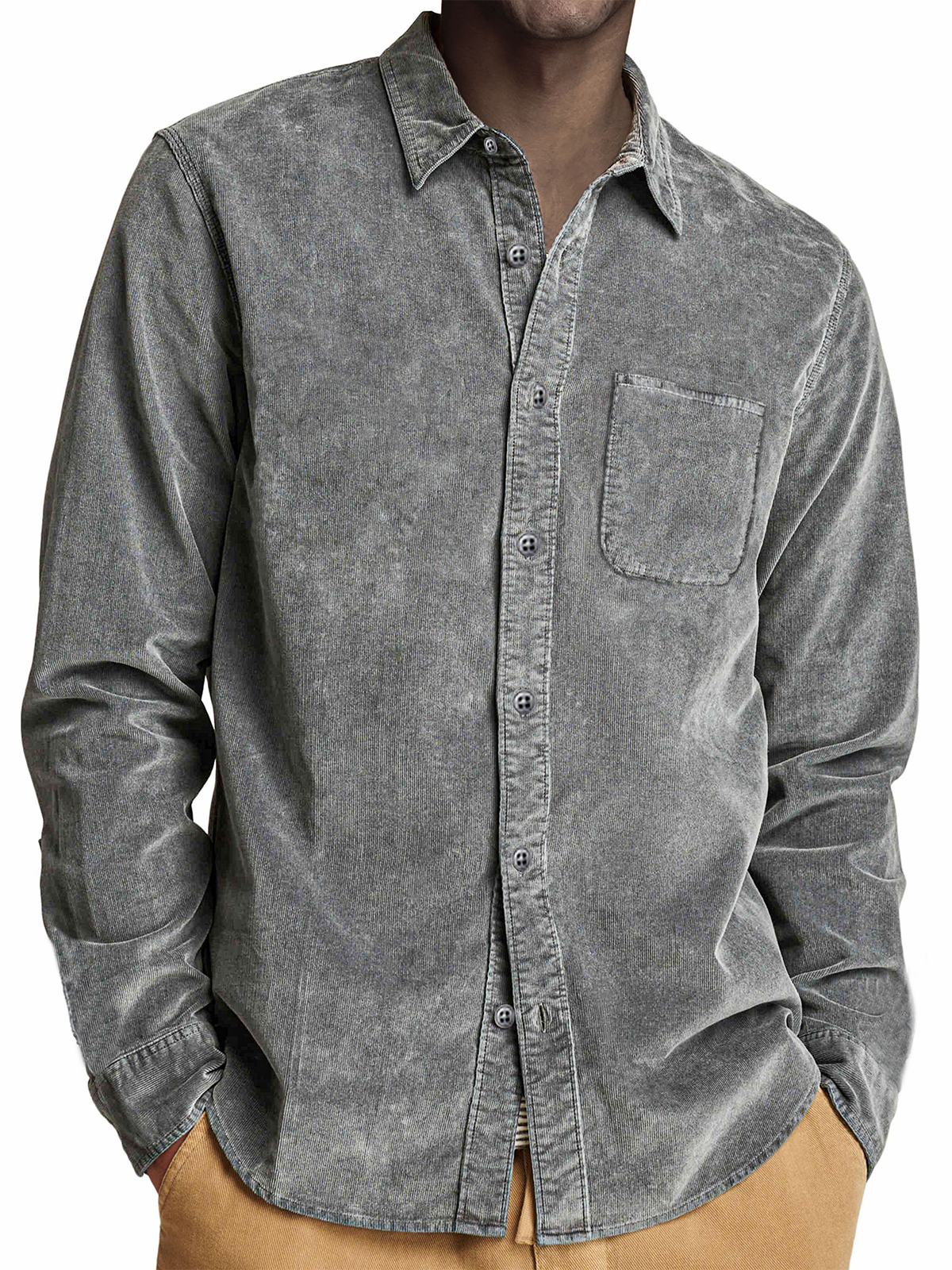 Men's Vintage Corduroy Distressed Dyed Business Casual Long Sleeve Shirt With Chest Pocket