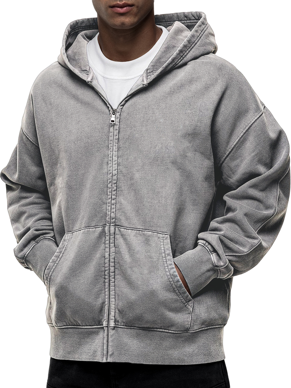 Men's Vintage Distressed Zip Basic Hooded Sweatshirt Jacket
