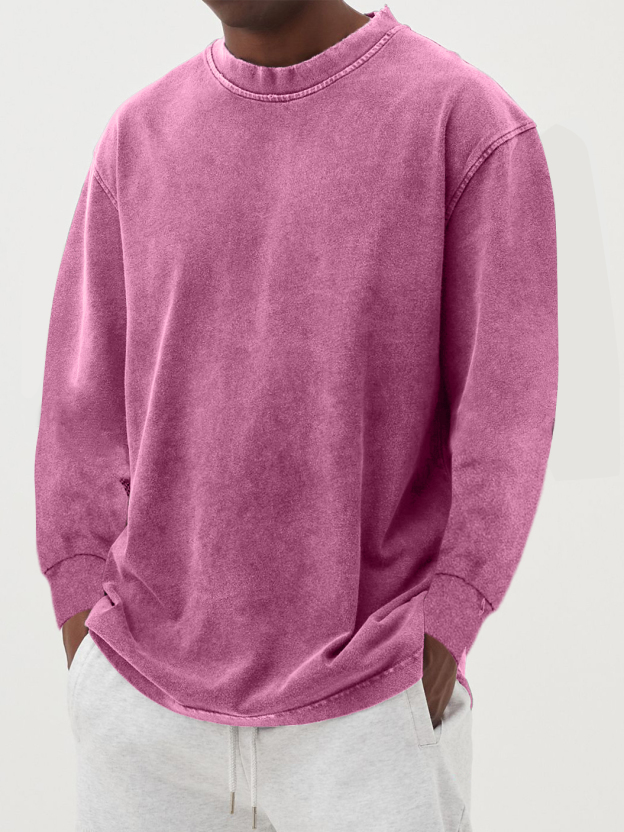 Men's 100% Cotton Washed Distressed Vintage Long-sleeved T-shirt