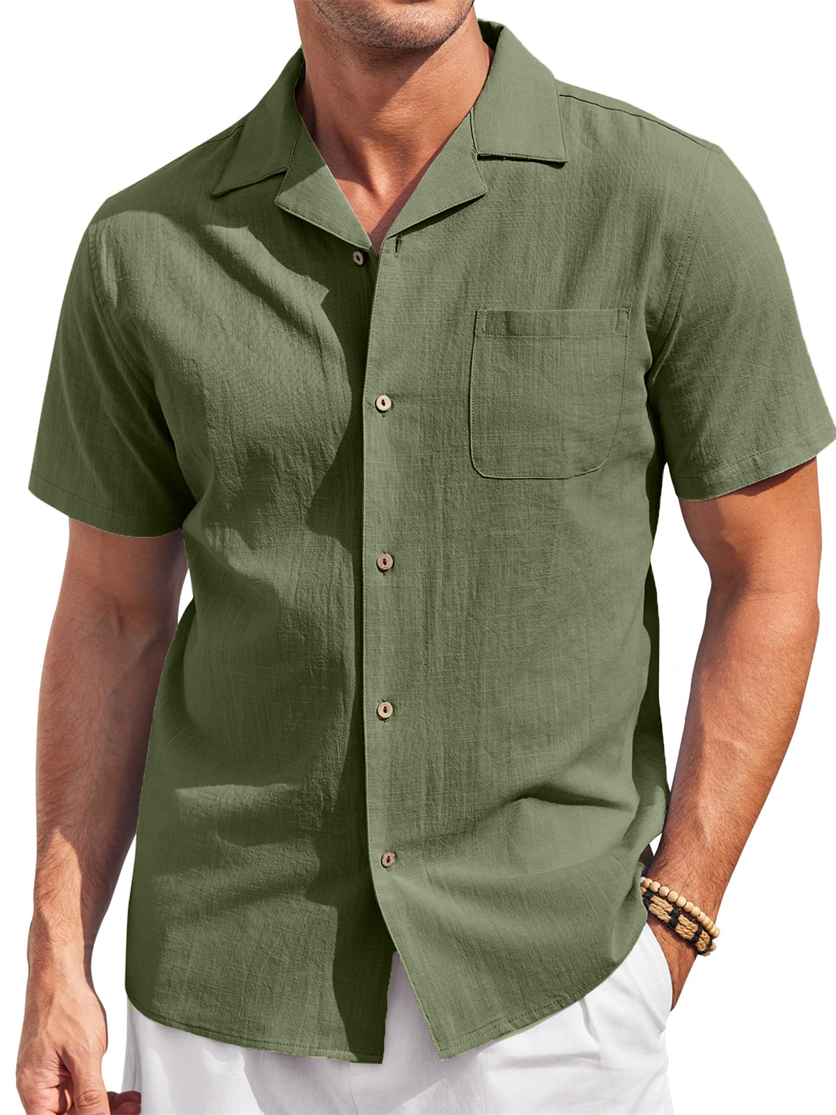 Men's Cotton and Linen Cuban Collar Pocket Casual Short Sleeve Shirt