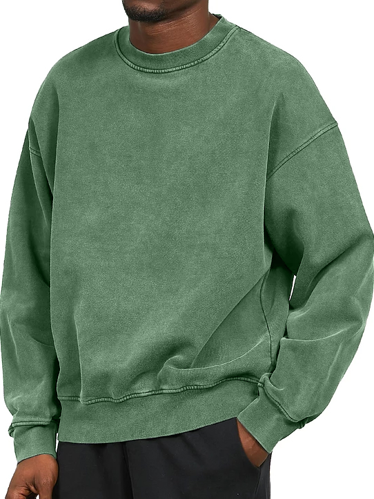 Men's Washed Distressed Cotton Basic Round Neck Long-sleeved Sweatshirt